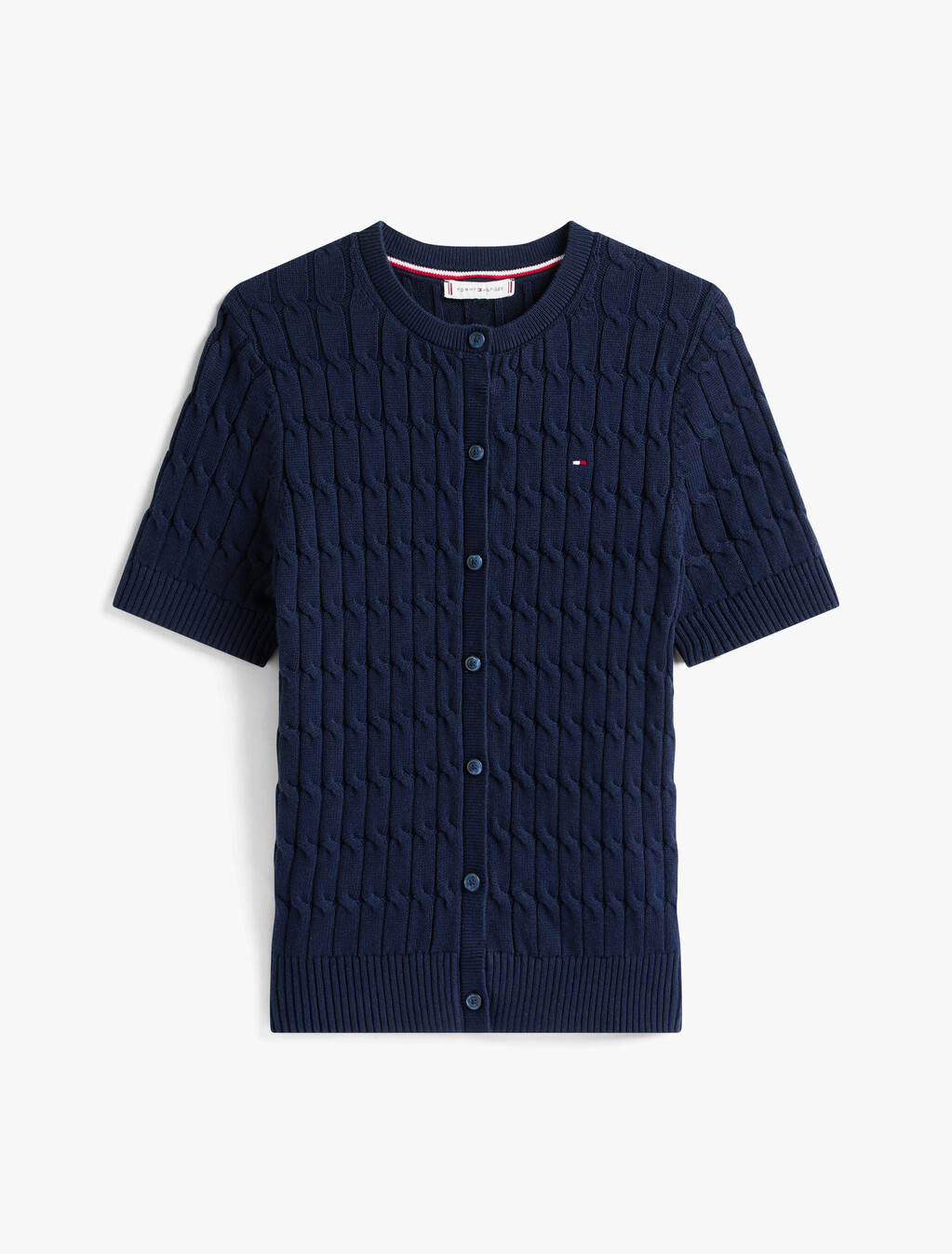 Cable Knit Short Sleeve Cardigan, Dark Night Navy, hi-res