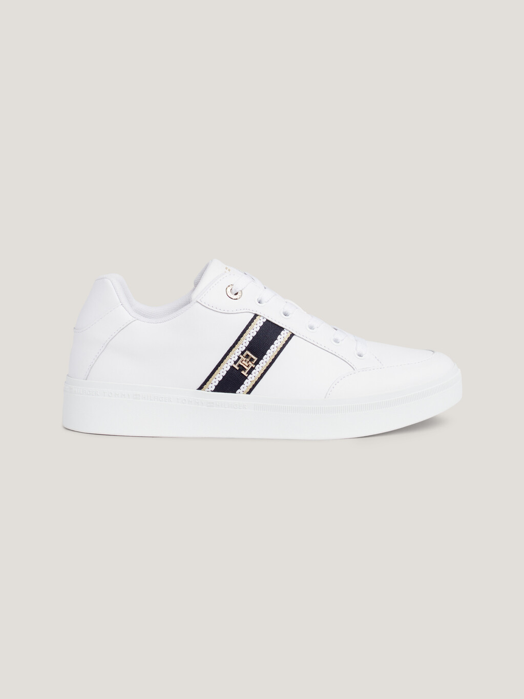 Webbing Leather Court Trainers, White, hi-res