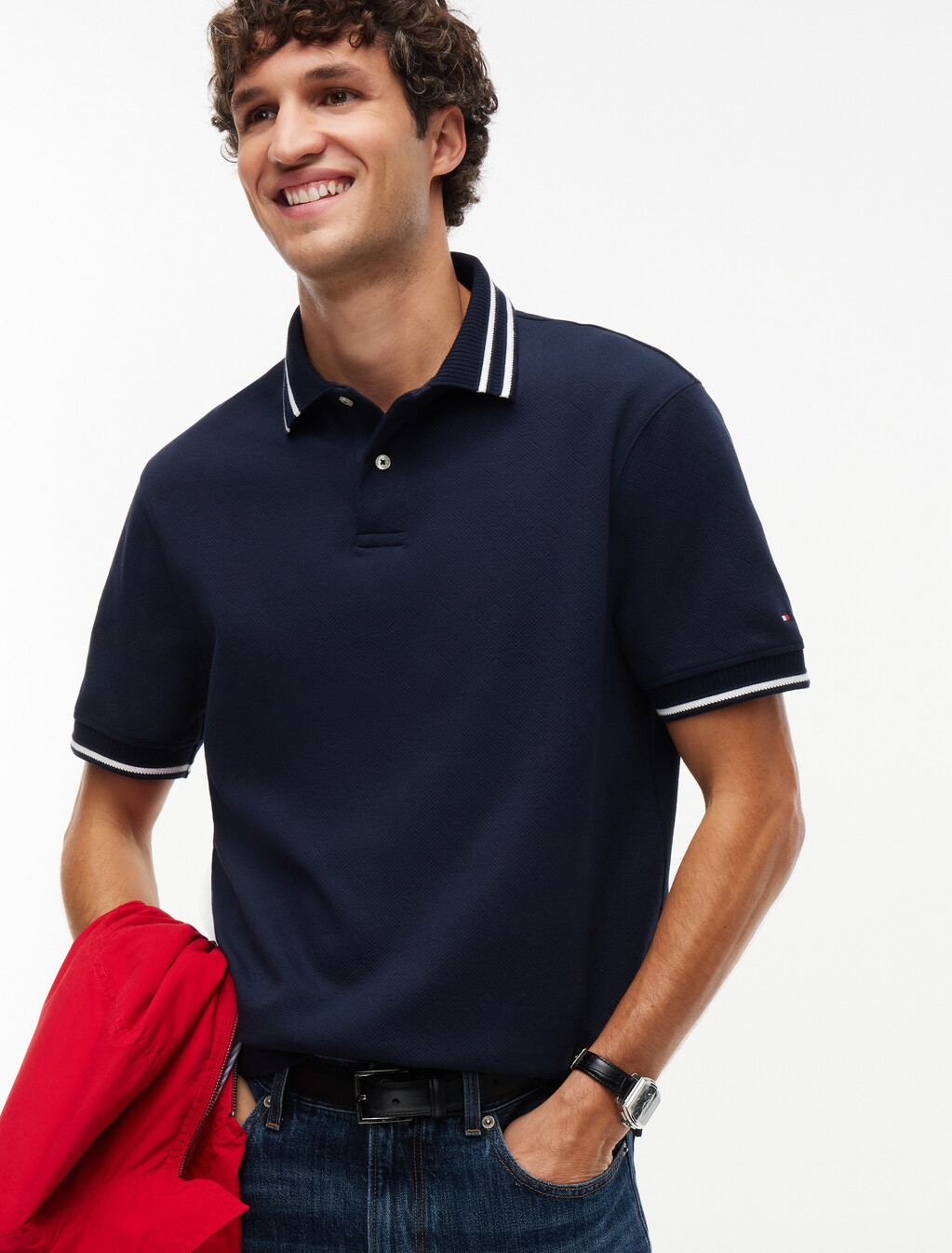 Relaxed Fit Foulard Jacquard Polo Shirt, Navy Blue, hi-res