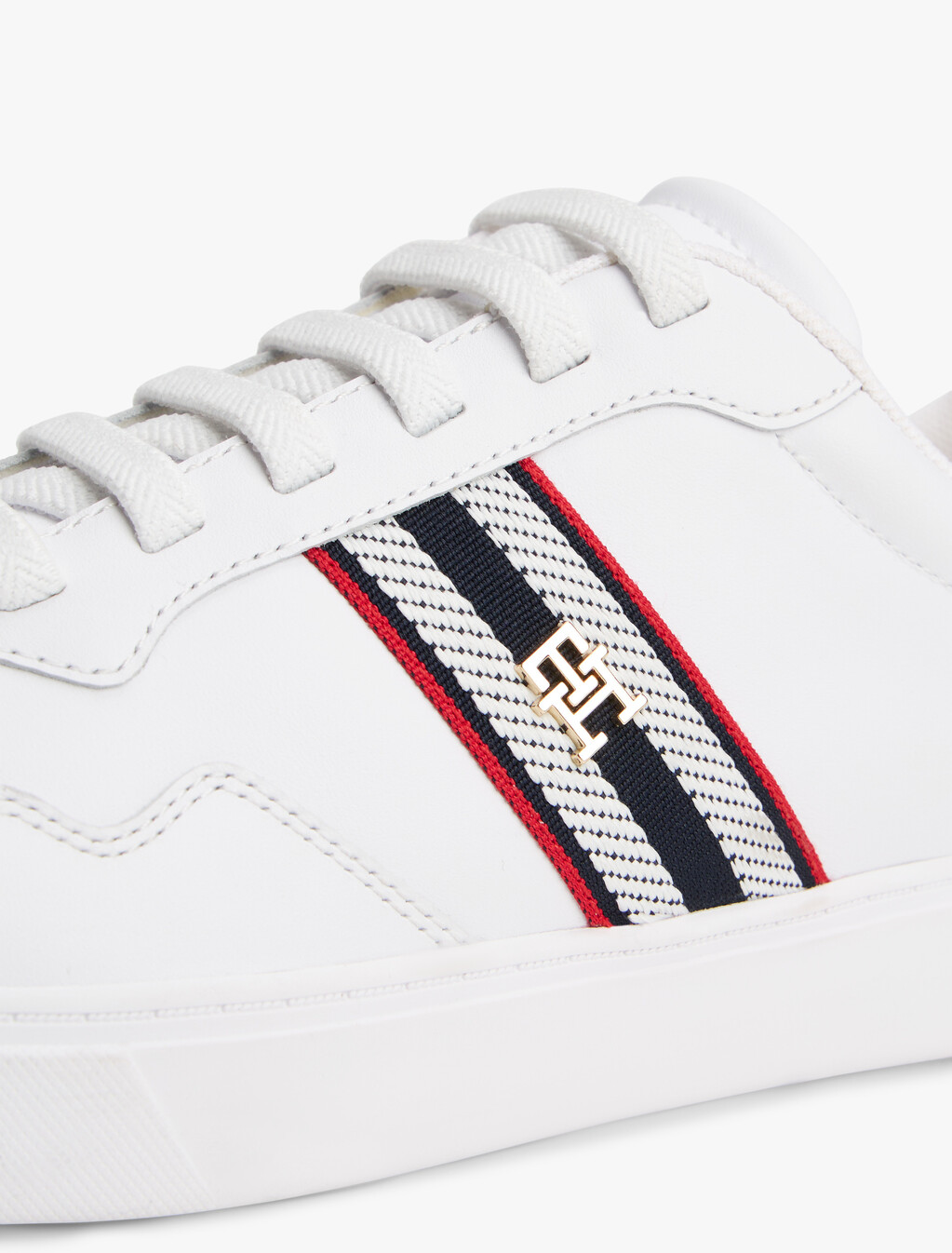 Webbing Stripe Leather Cupsole Trainers, White, hi-res