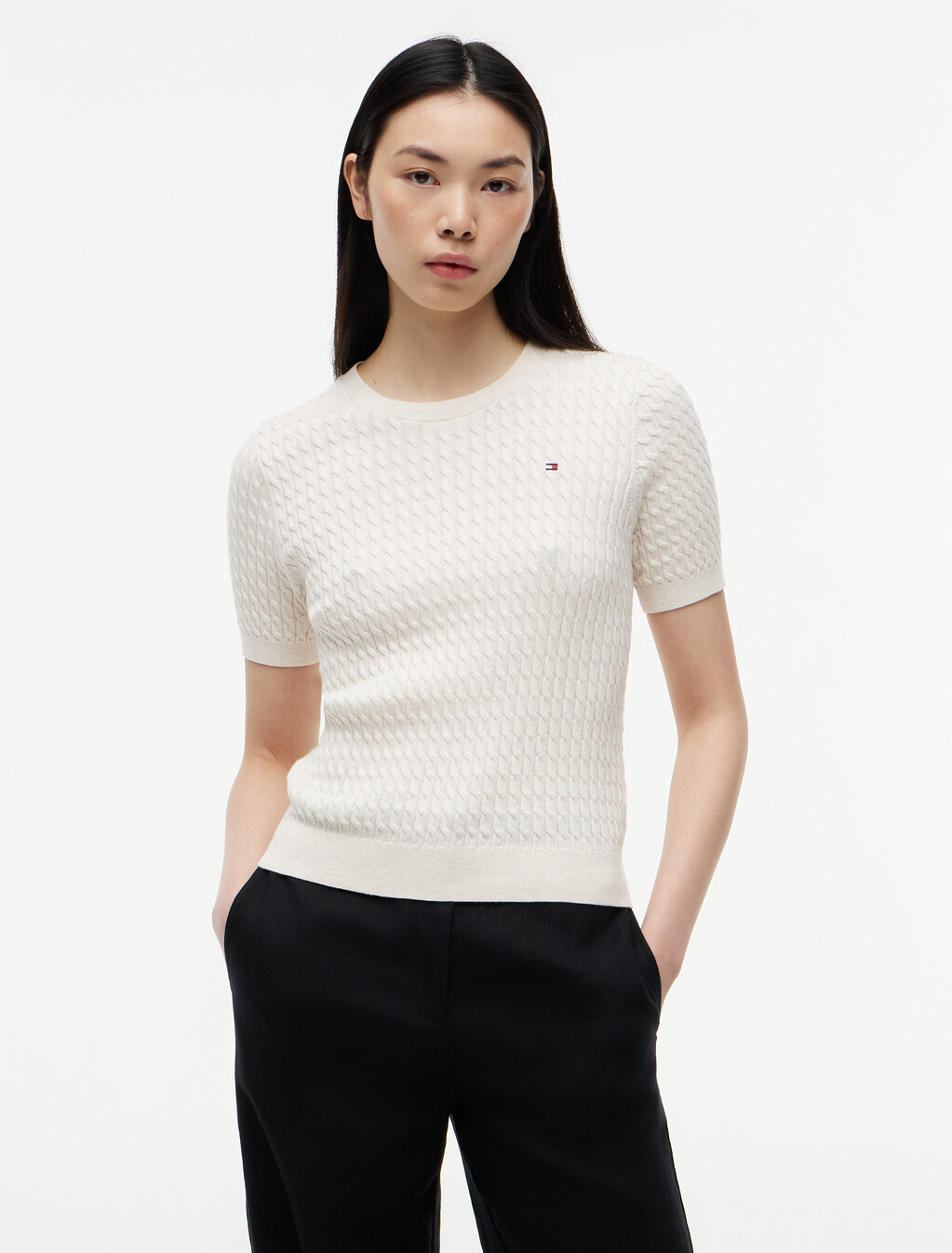 Fine Gauge Cable Knit Short Sleeve Jumper, Heather Ivory Petal, hi-res