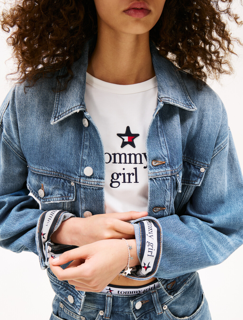 Tommy Girl Back Logo Cropped Oversized Denim Jacket, Indigo Wash, hi-res