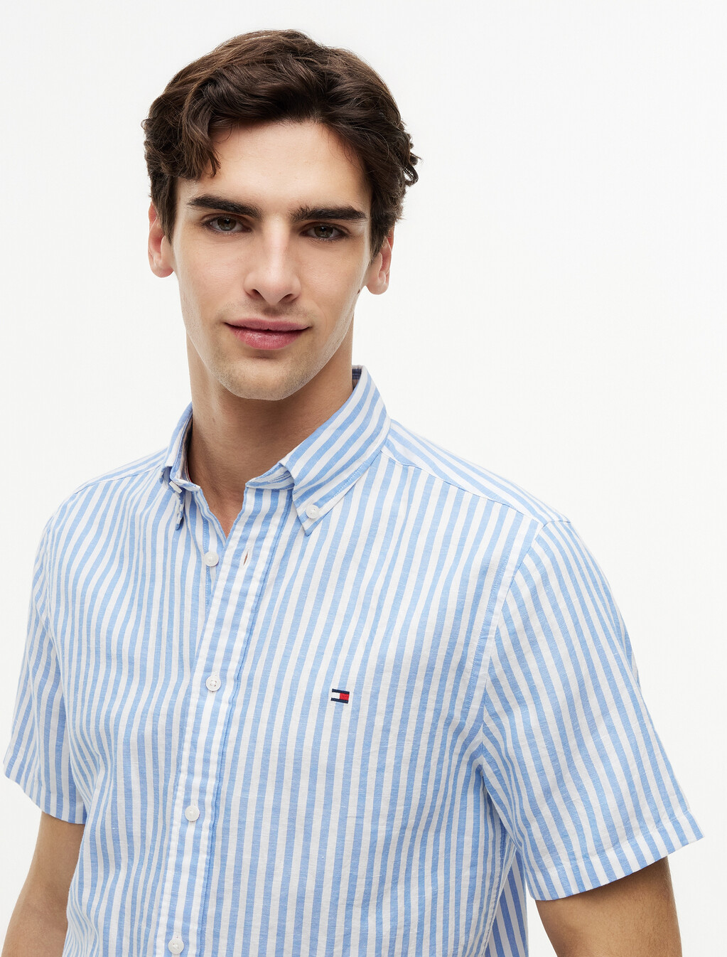 Regular Linen Blend Bengal Stripe Short Sleeve Shirt, Blue Spell / Stripe, hi-res