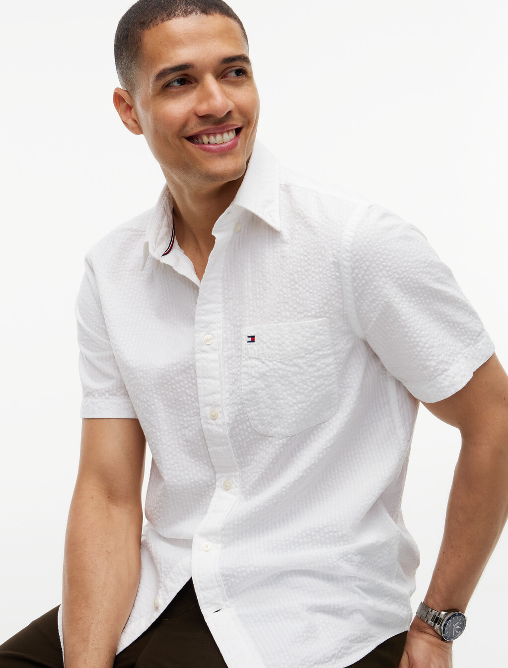 Regular Fit Seersucker Short Sleeve Shirt, White, hi-res