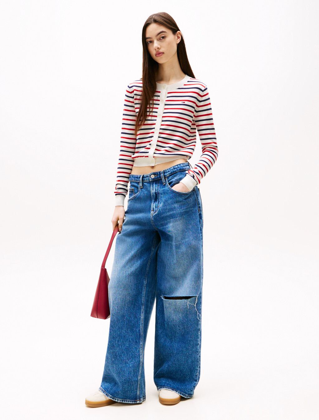Essential Crewneck Cardigan, White / Red / Navy Stripe, hi-res