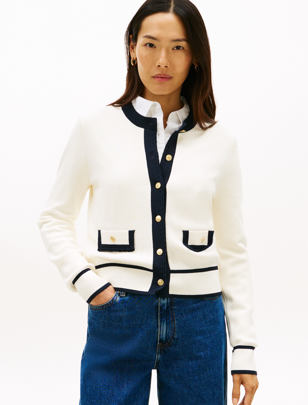 Gold-tone Button Cardigan, Ivory Petal, hi-res