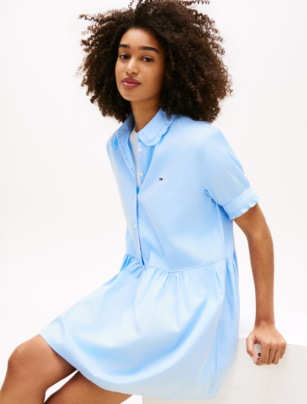 Ruffle Mini Short Sleeve Shirt Dress, Light Powdery Blue, hi-res