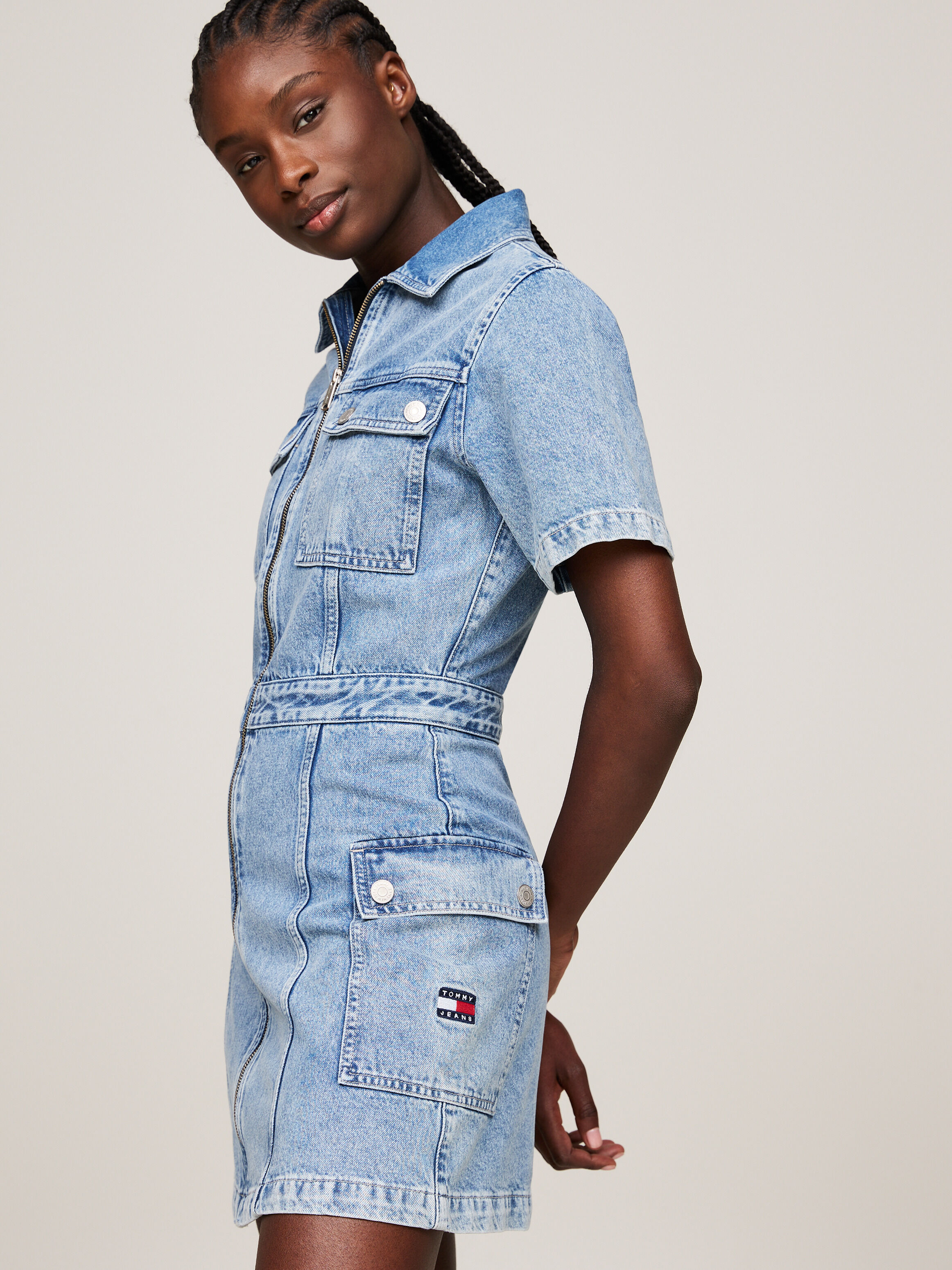 Zip Thru Slim Denim Utility Mini Dress blue Tommy Hilfiger Malaysia