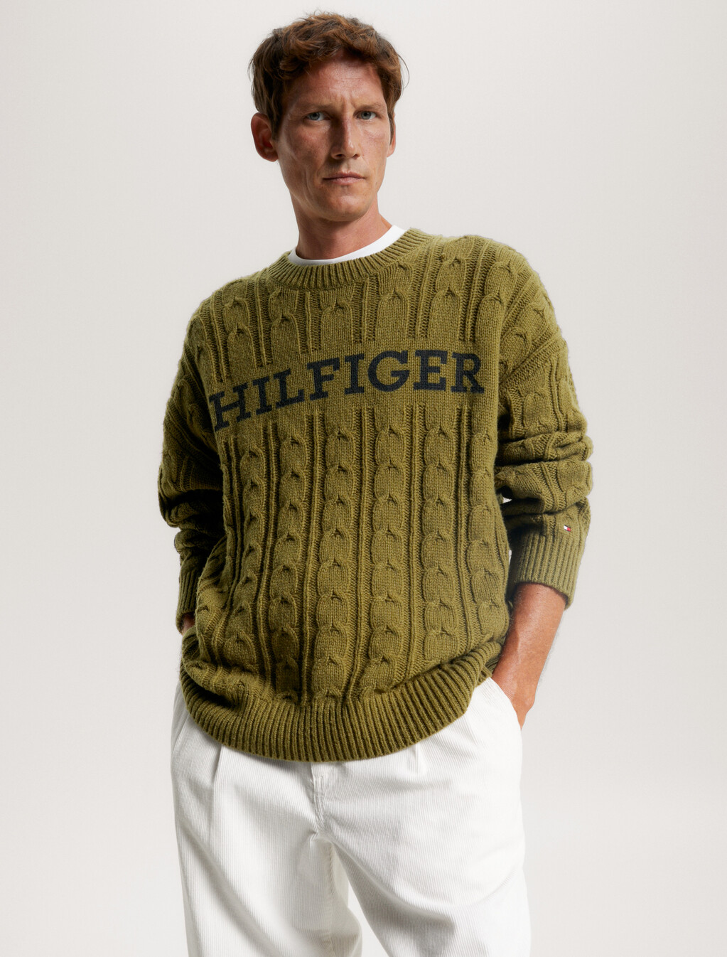 Hilfiger Monotype Cable Knit Oversized Jumper, Putting Green/ Desert Sky Print, hi-res