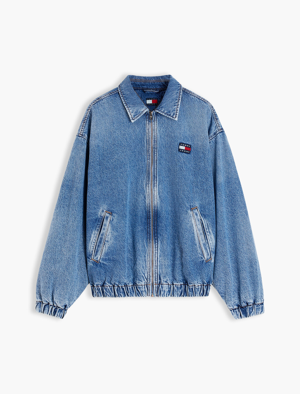 Faded Denim Relaxed Harrington Jacket, Denim Medium, hi-res