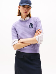 Tommy Crest Cable Knit Sweater, Lavender Ash, hi-res