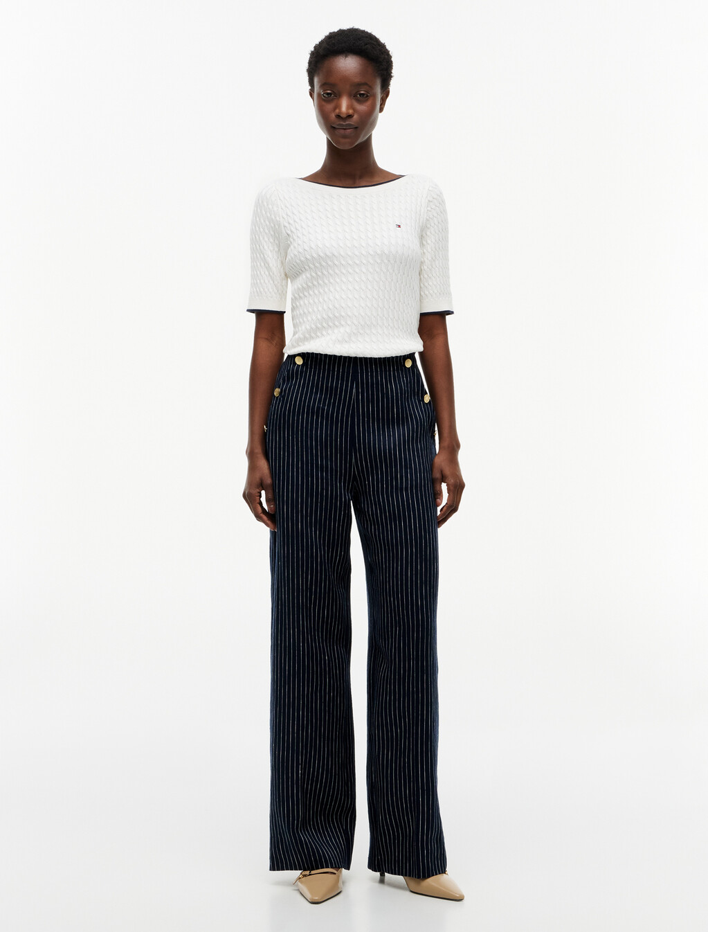 Pinstripe Gold-Tone Button Wide Leg Trousers With Linen, Pin Stripe Navy, hi-res