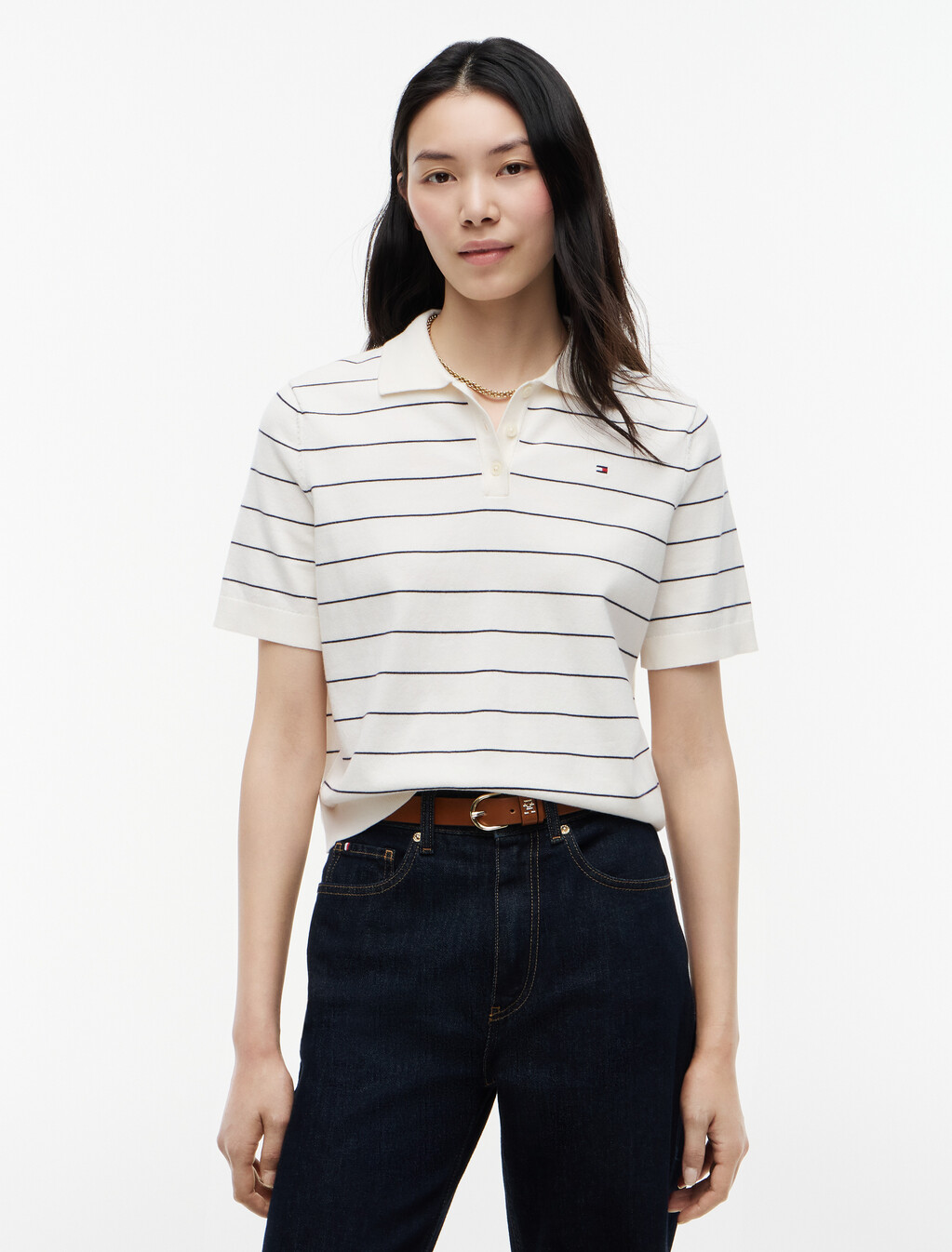 Flag Embroidery Knit Boxy Polo Jumper, Ivory Petal/Dark N Navy Stp, hi-res