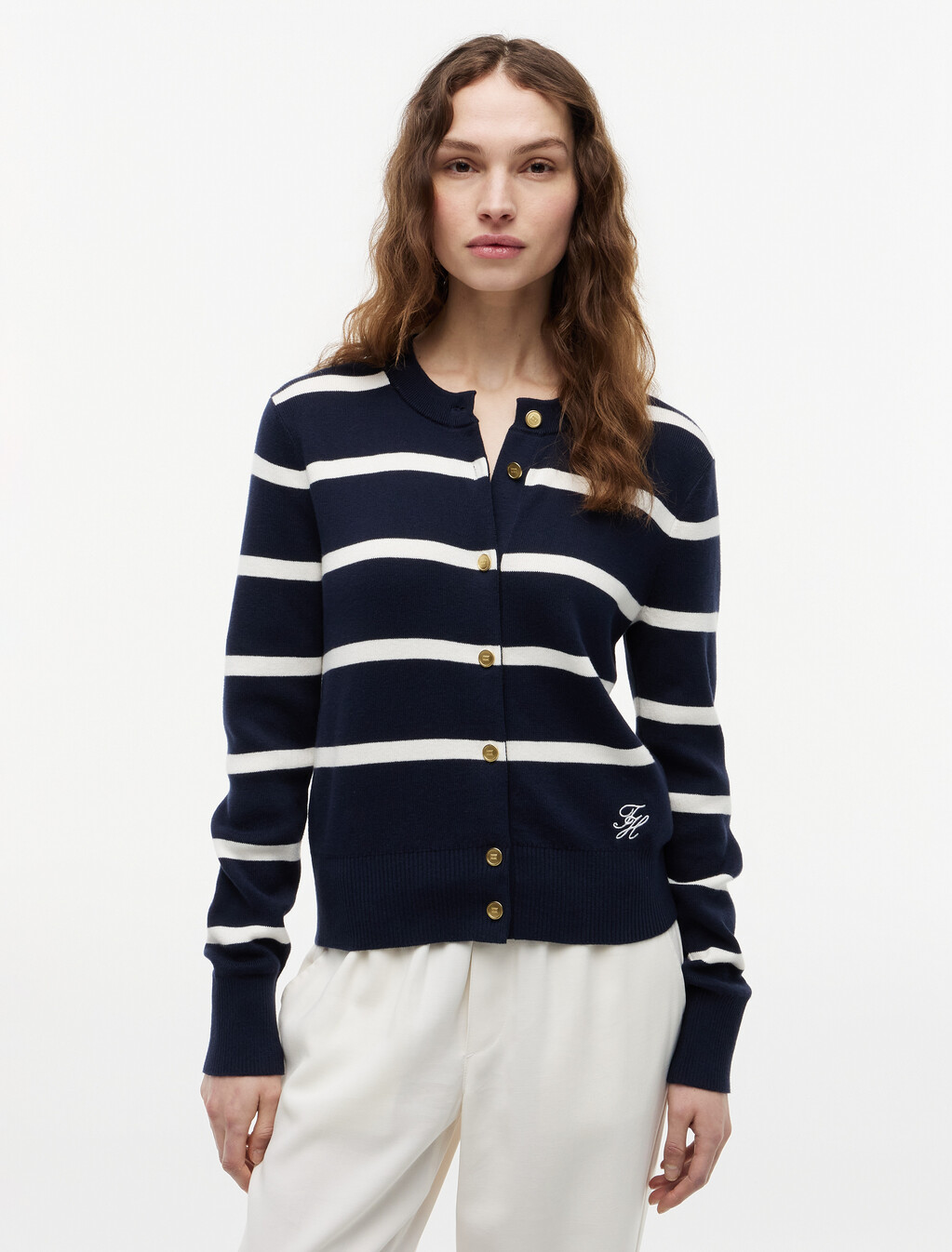 Full Needle Round Neck Cardigan, Big Stp Dark Night / Ivory Petal, hi-res