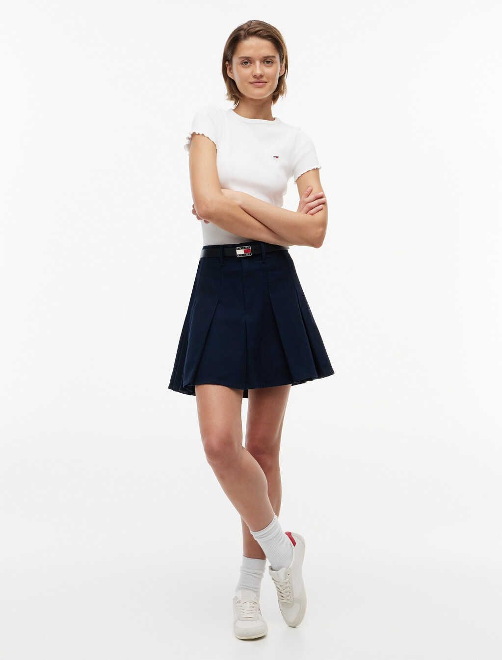 Washed Canvas Pleated Mini Skirt, Dark Night Navy, hi-res