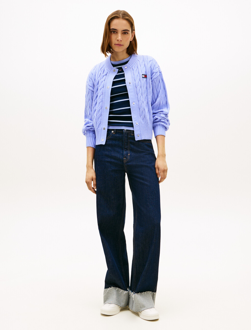 Flag Badge Cable Knit Cardigan, Vintage Iris, hi-res