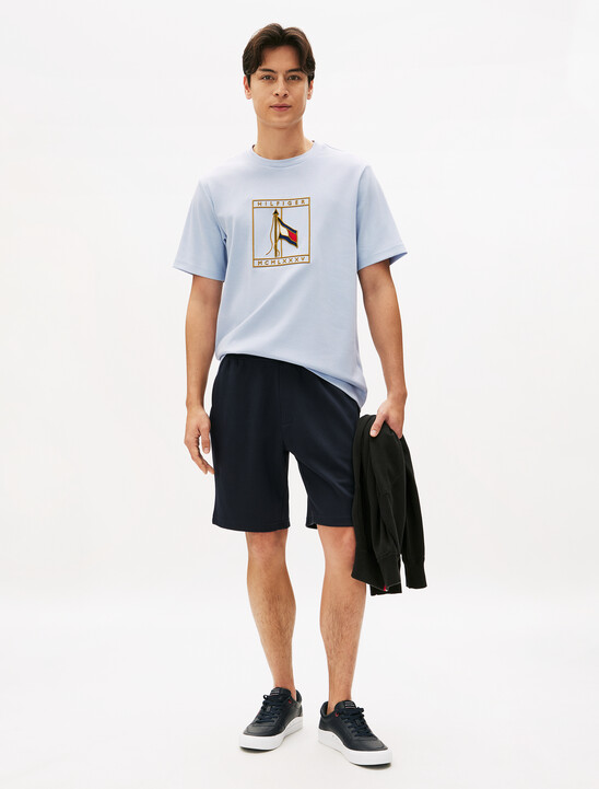 Flag Icon Embroidery Interlock T-Shirt, Breezy Blue Flag Icon Embroidery Interlock T-Shirt