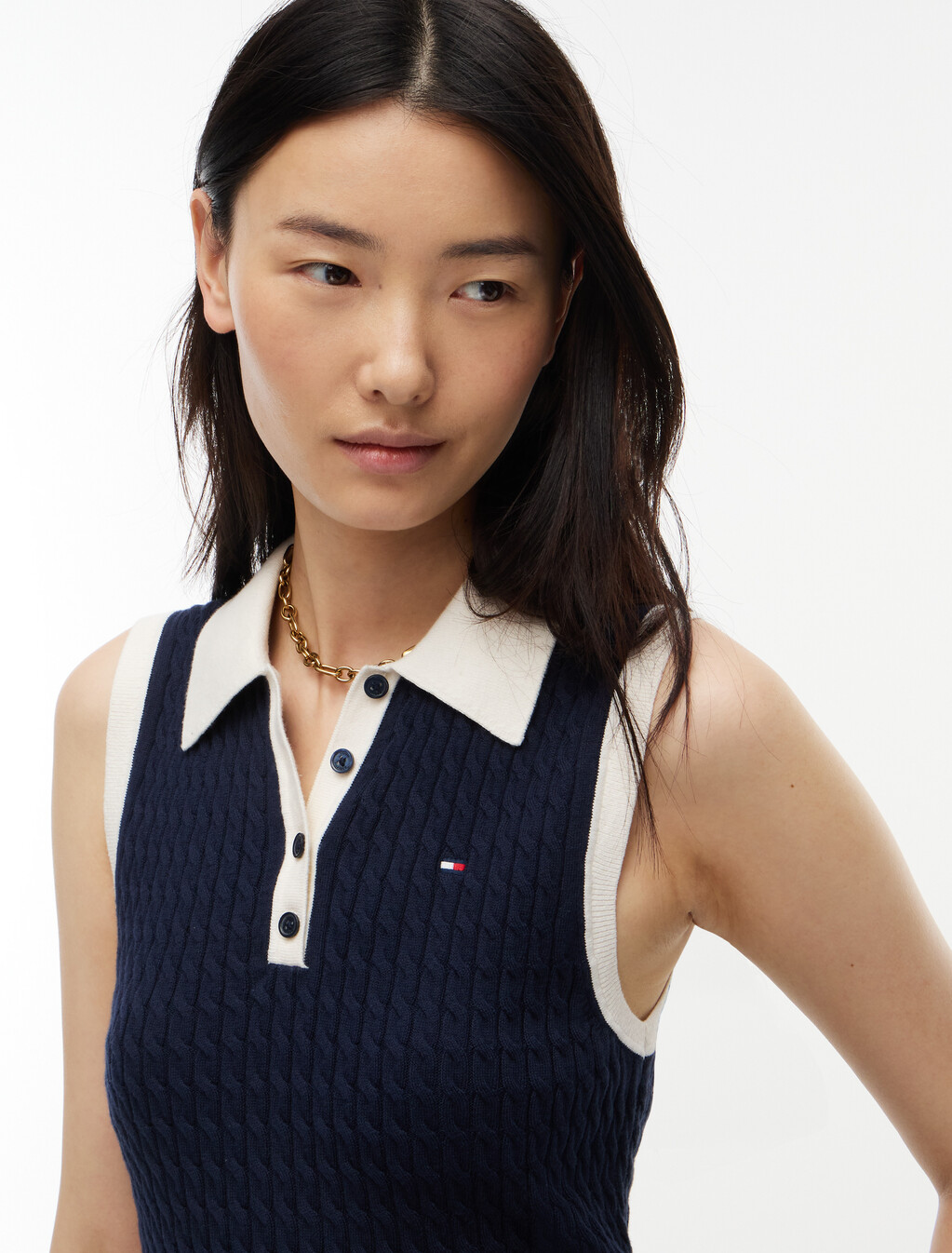 Cable Knit Contrast Sleeveless Polo Jumper, Dark Night Navy, hi-res