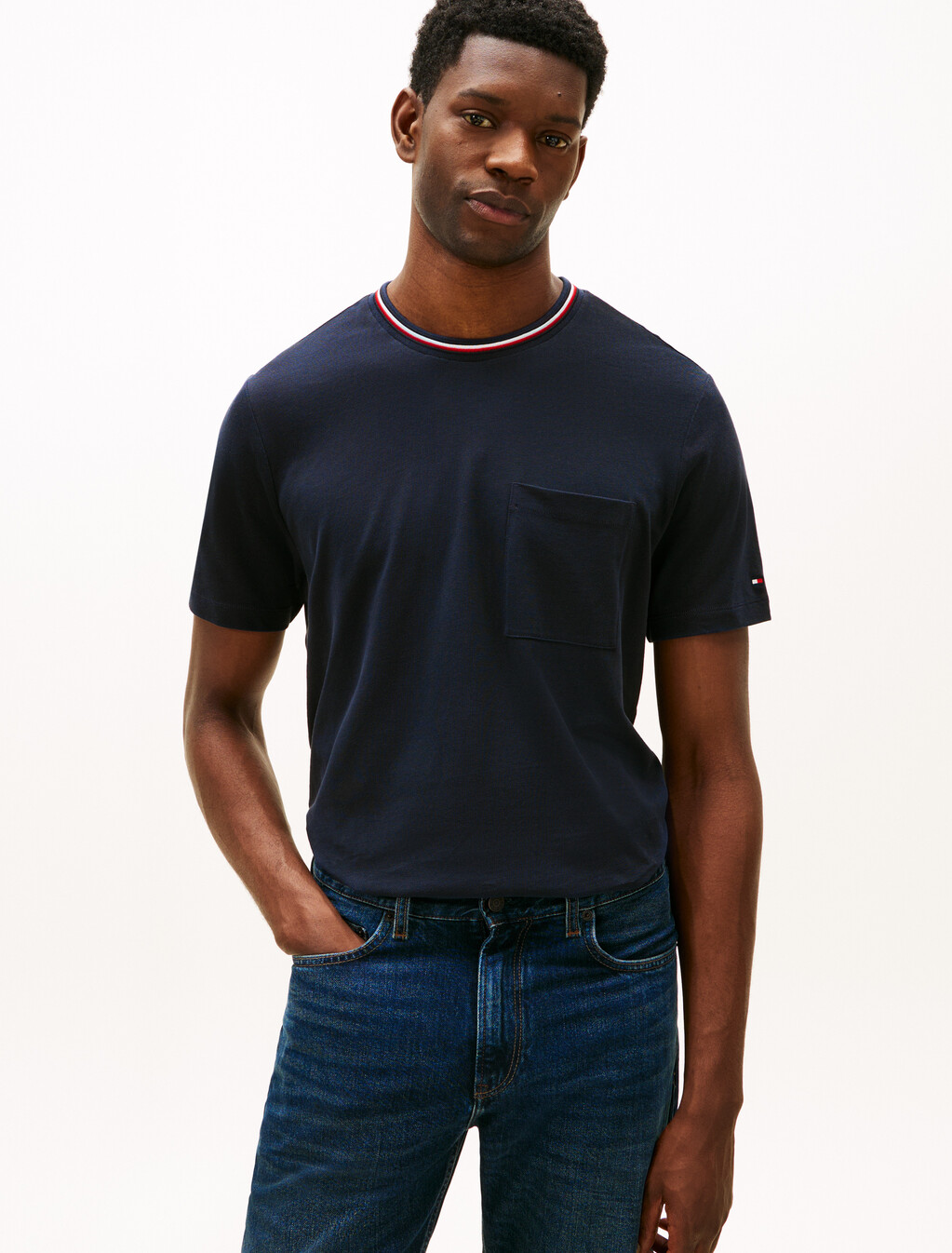 Stripe Trim Cotton Pique Pocket T-Shirt, Dark Night Navy, hi-res