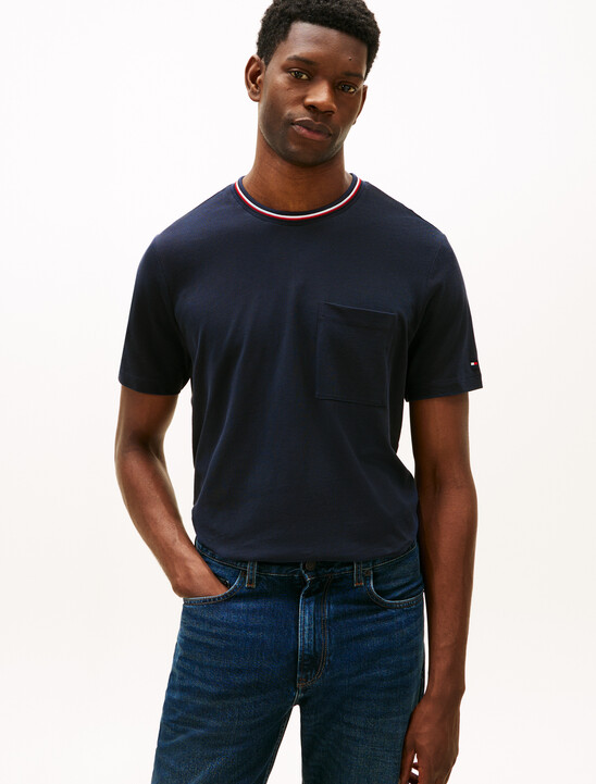 Stripe Trim Cotton Pique Pocket T-Shirt