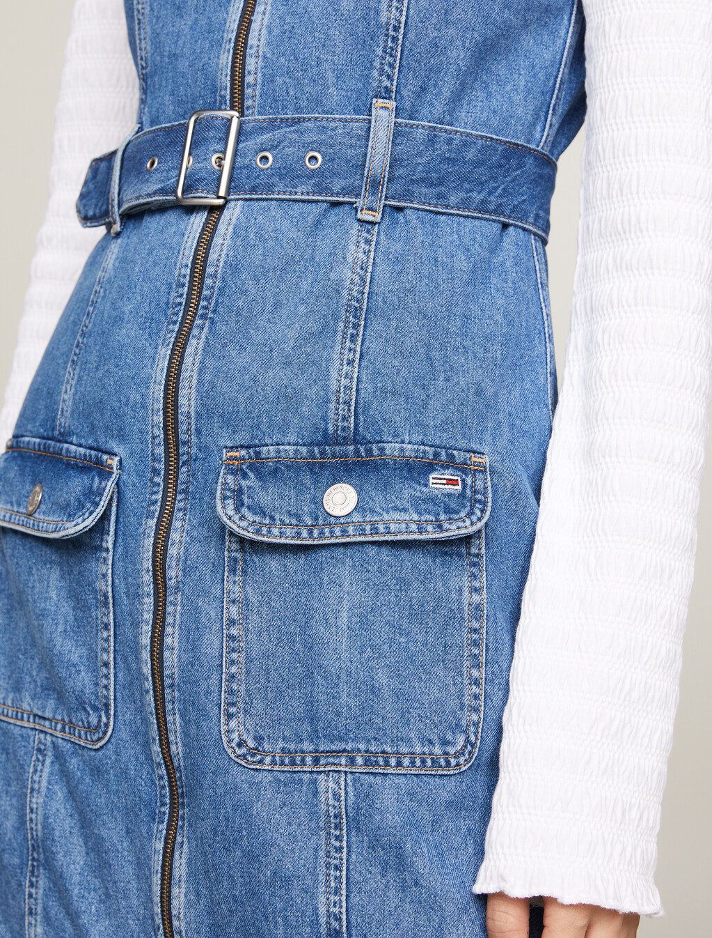 Belted Zip-Thru Denim Bodycon Dress, Denim Medium, hi-res