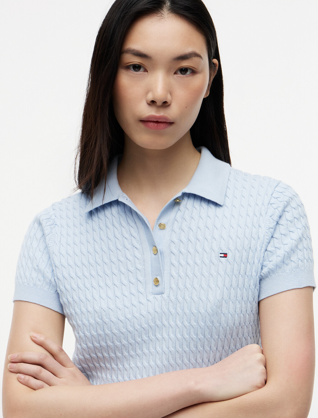 Fine Gauge Cable Knit Polo  Short Sleeve Jumper, Breezy Blue, hi-res