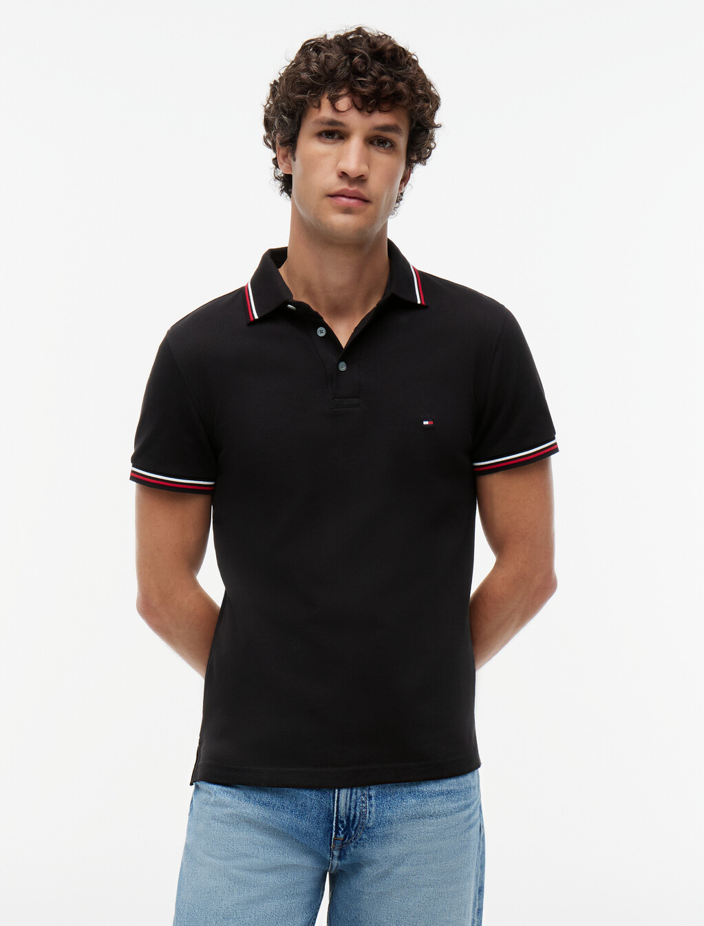 Tipped Slim Polo, Black, hi-res