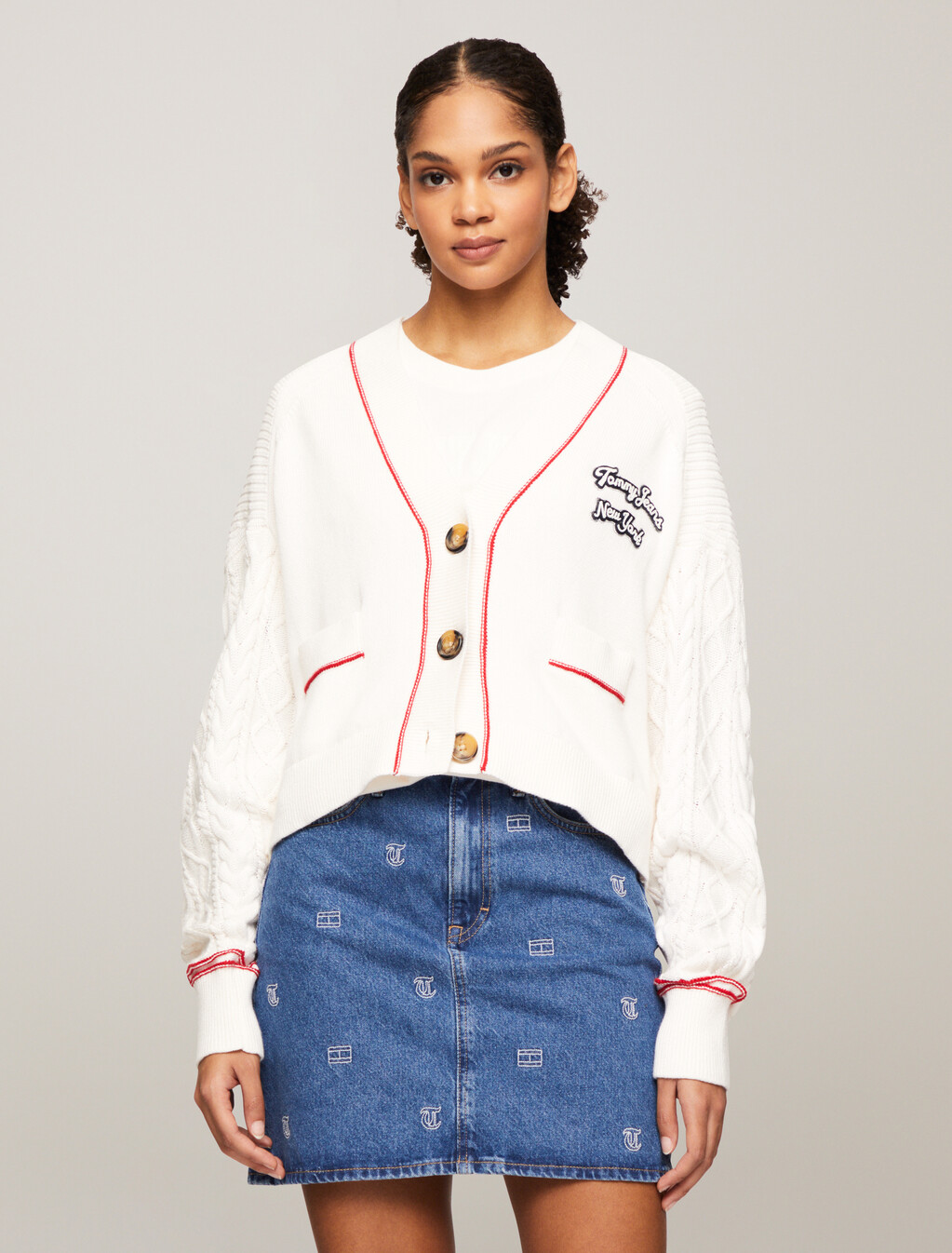 Varsity Cropped Cardigan, Ancient White, hi-res