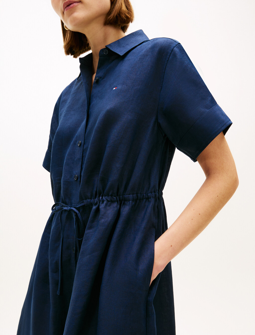 Asia Fit Linen Midi Shirt Dress, Dark Night Navy, hi-res