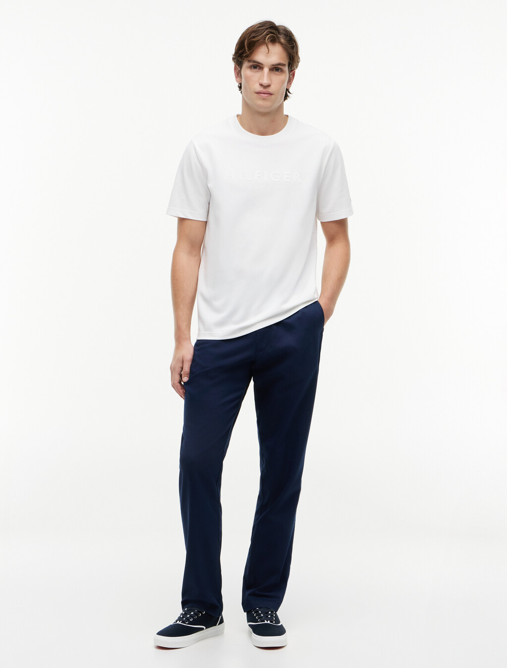 Embossed Logo Pique Interlock Knit T-Shirt, White, hi-res