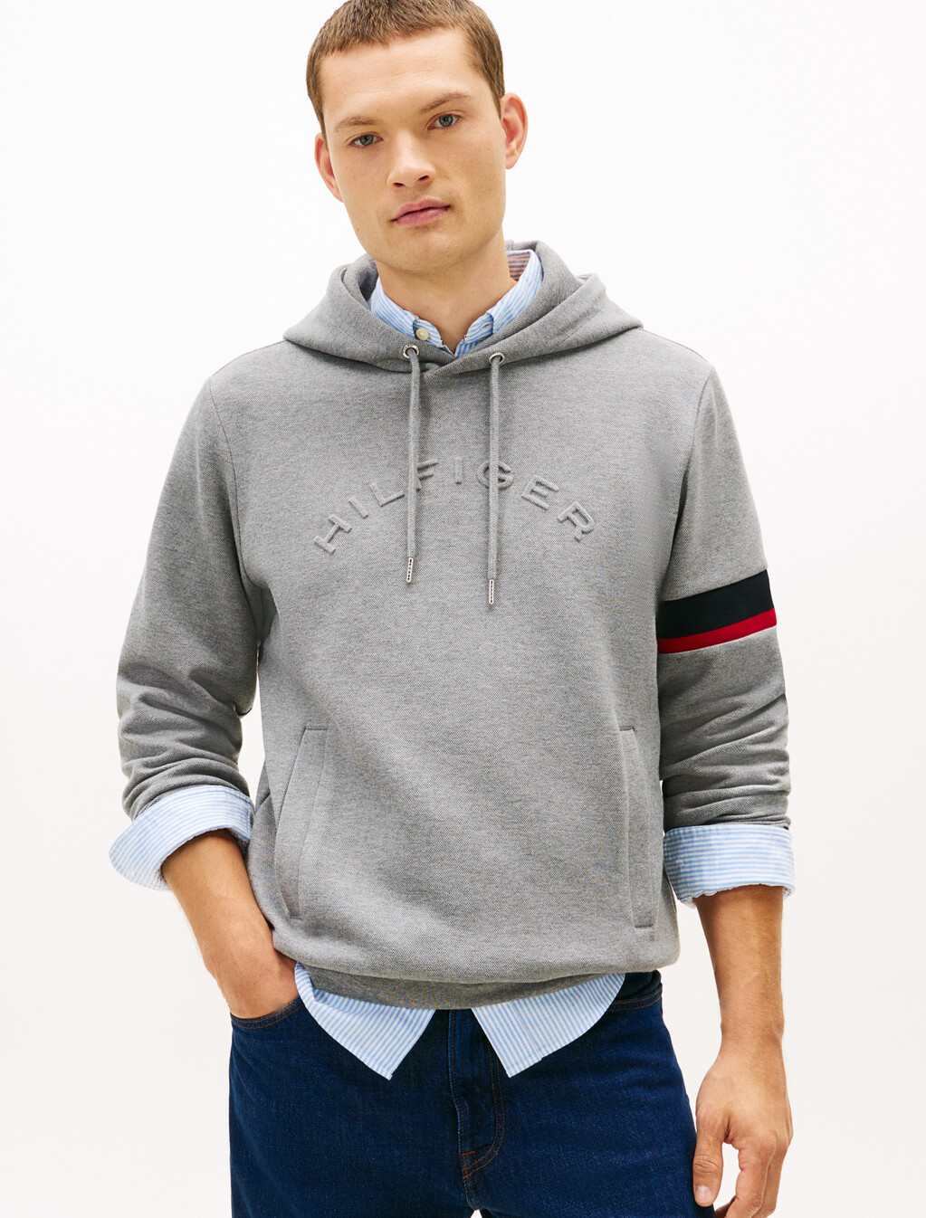 Stripe Panel Insert Hoodie, Medium Grey Heather, hi-res