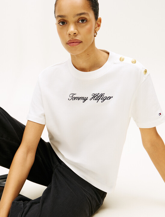 Gold-Tone Button Logo Embroidery Relaxed T-Shirt