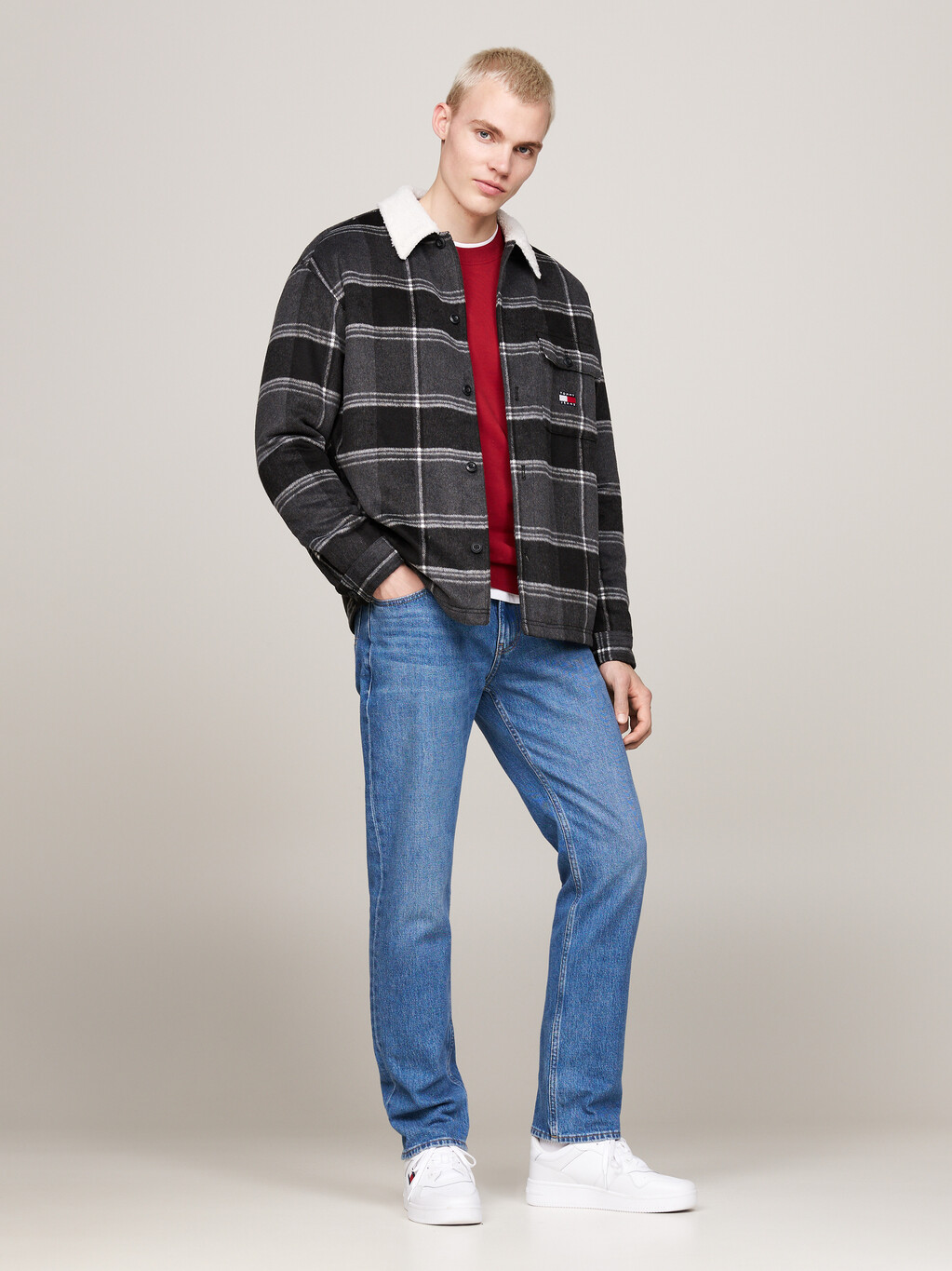 Sherpa Collar Check Casual Overshirt, Black Check, hi-res