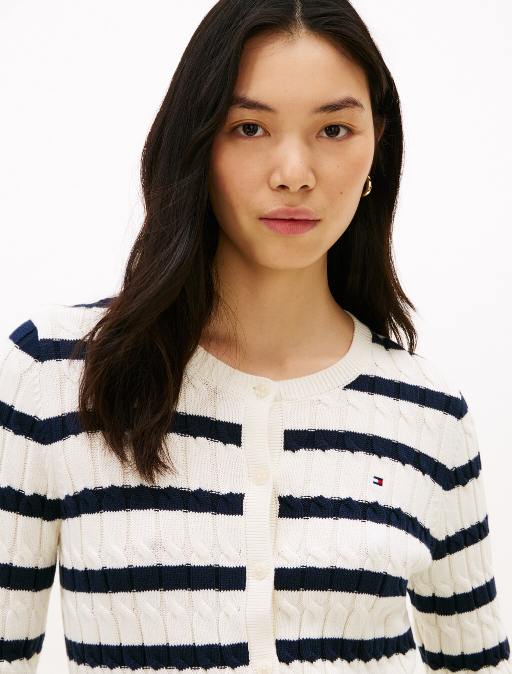 Mid-Gauge Cable Knit Round Neck Cardigan, Ivory Petal/Dark N Navy Stp, hi-res