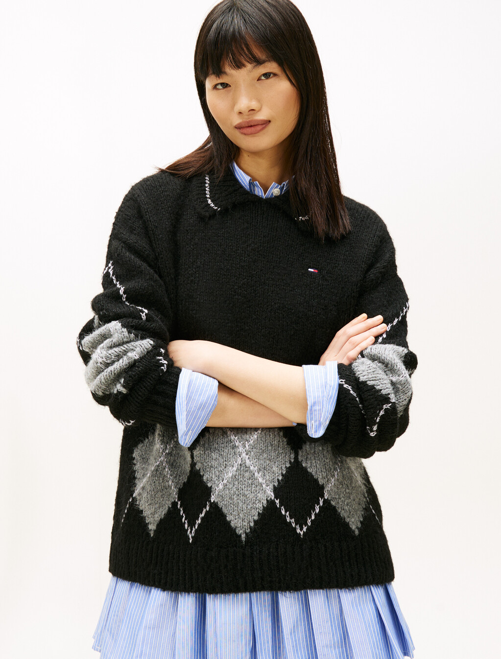 Argyle Oversized Polo Jumper With Alpaca, Black, hi-res