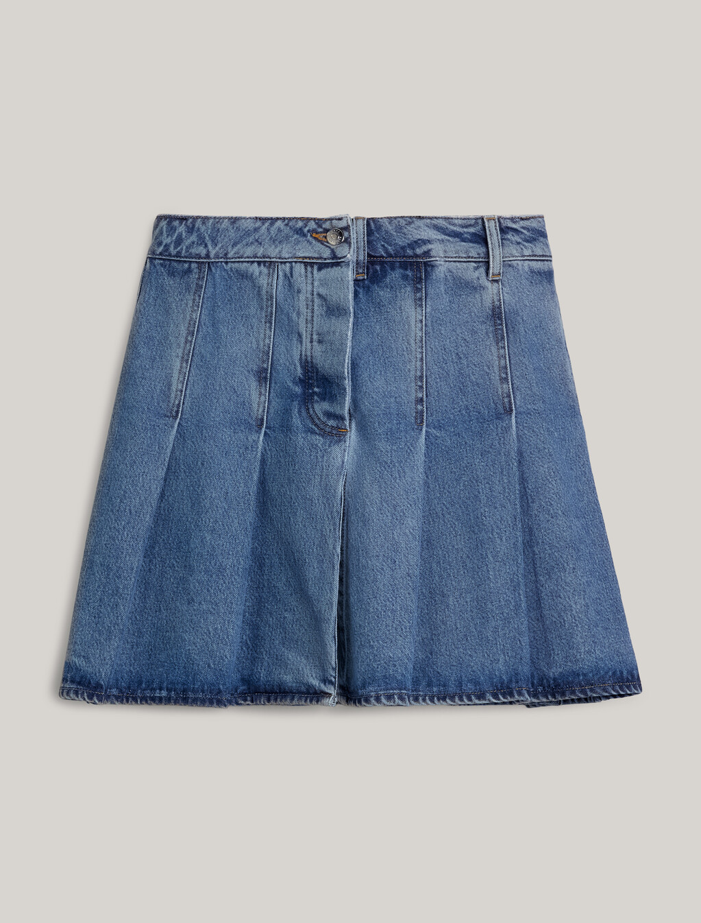 Pleated Denim Mini Skirt, Indigo, hi-res