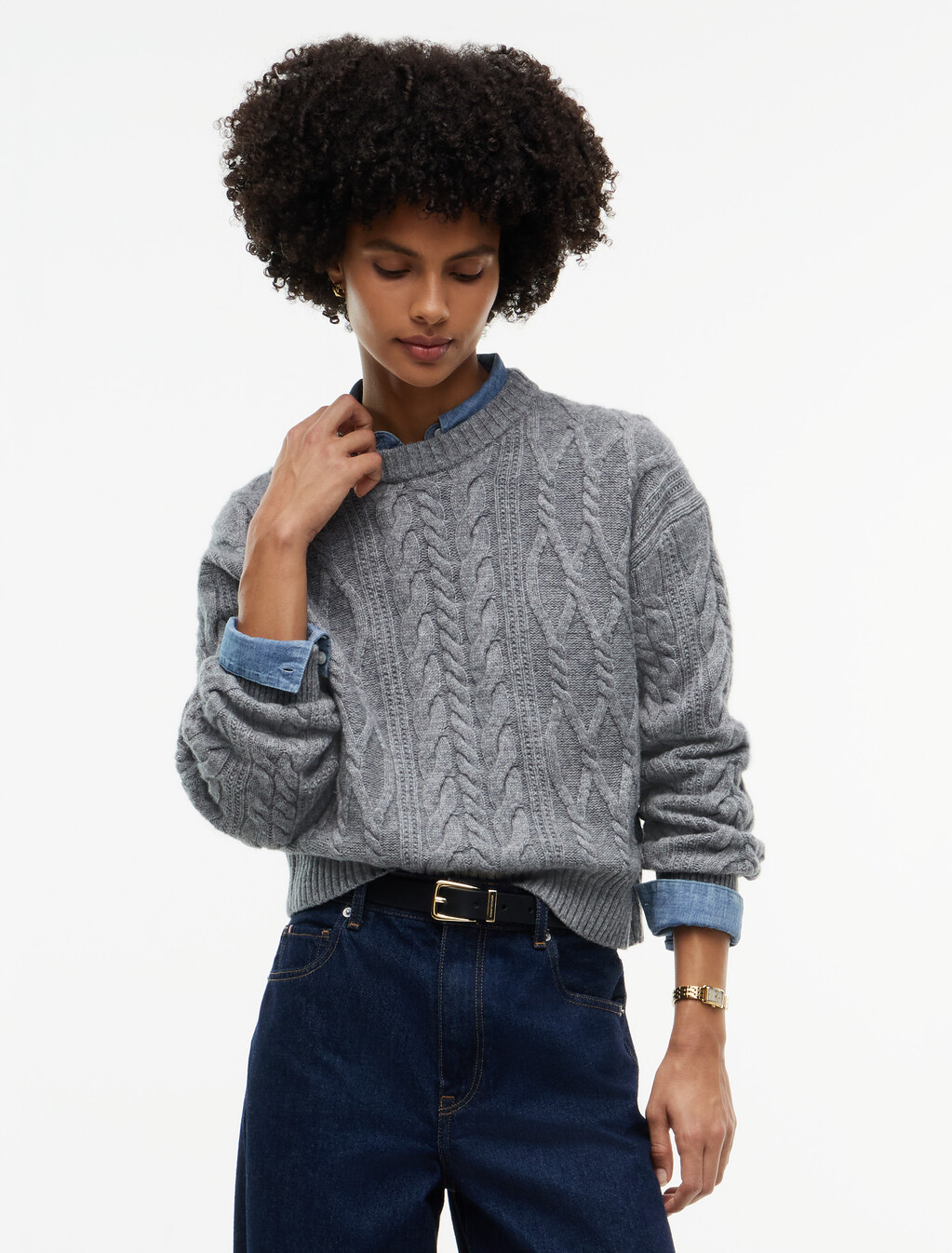 Relaxed Cable Knit Jumper With Silk, Medium Grey Heather, hi-res