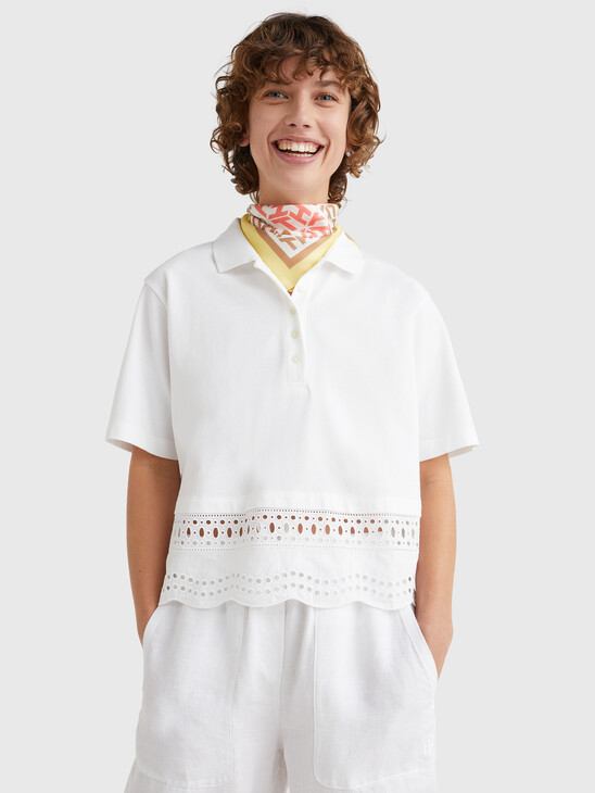 RELAXED FIT BRODERIE ANGLAISE POLO TOP