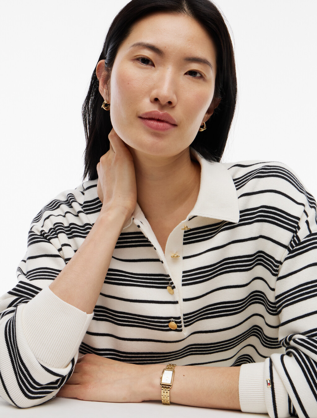 Premium Knit Gold-Tone Button Polo Jumper, Broken Stripe Ecru / Black, hi-res