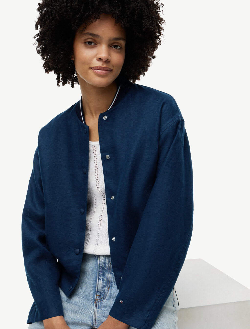 Pure Linen Twill Bomber Jacket, Dark Night Navy, hi-res