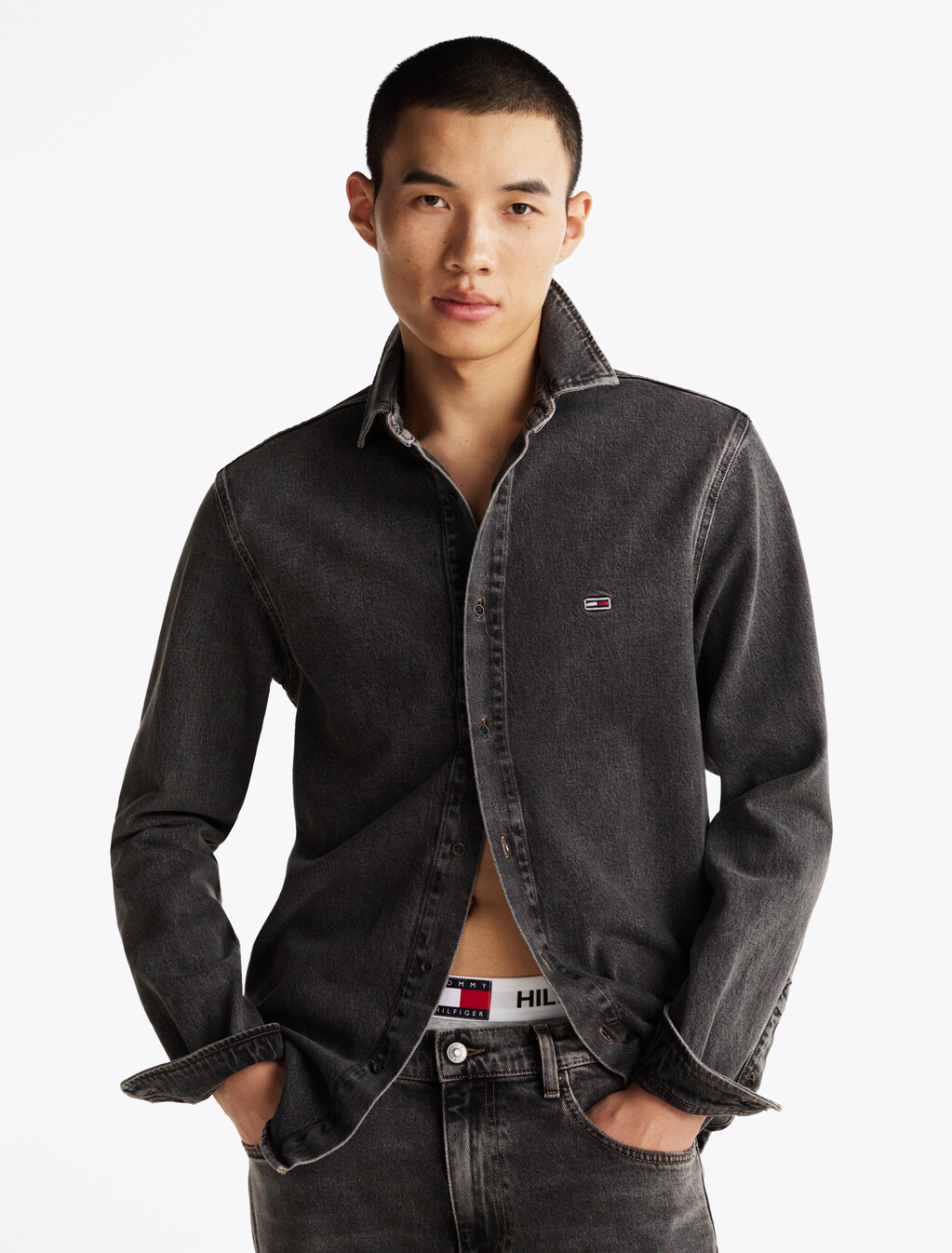 Regular Fit Faded Denim Overshirt, Denim Black, hi-res