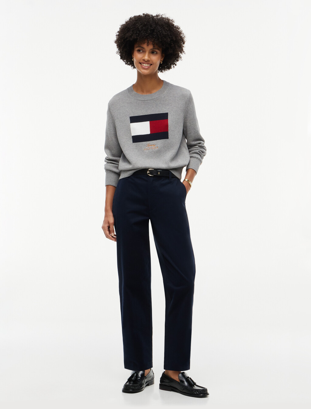 Intarsia Flag Crew Neck Jumper, Medium Grey Heather, hi-res