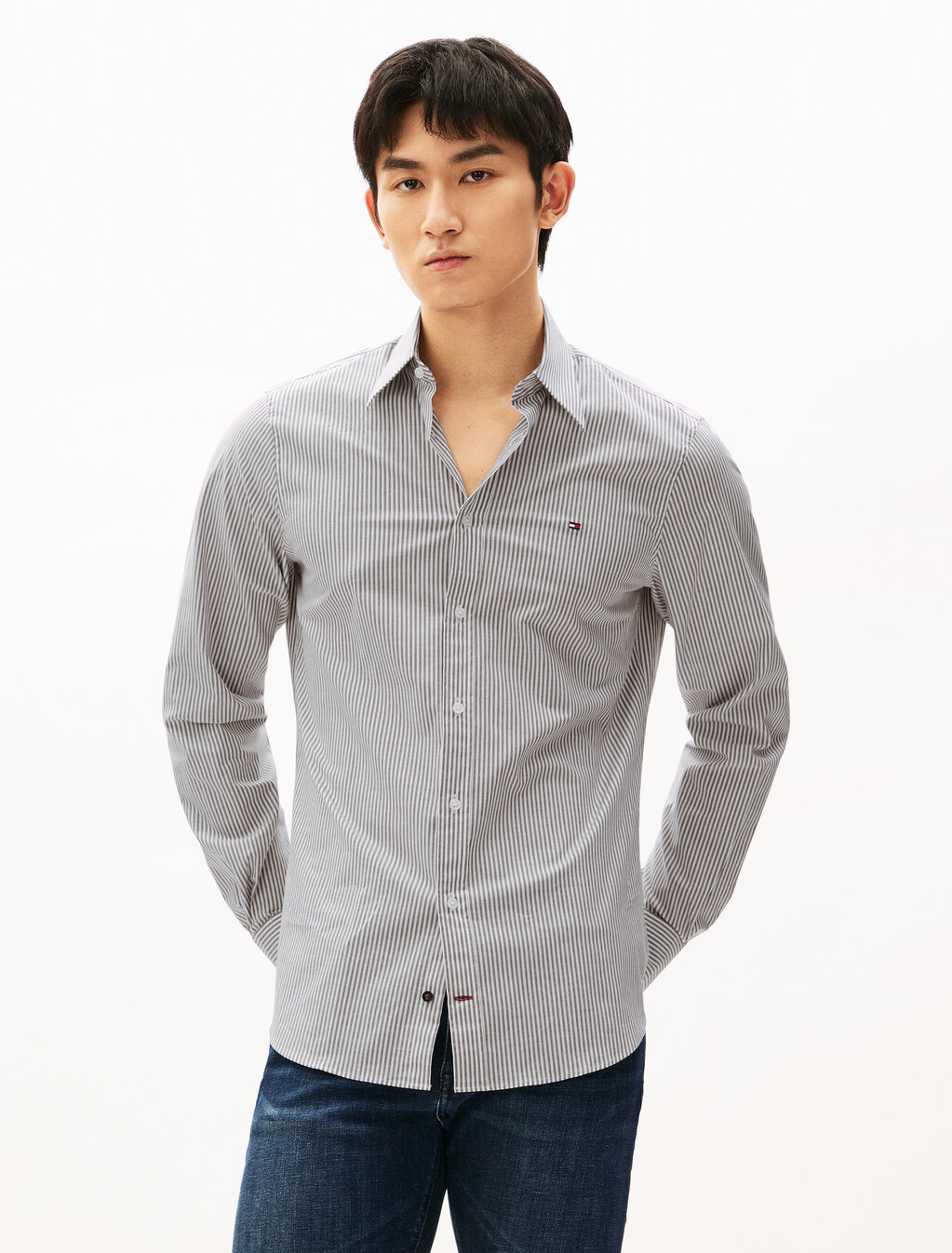 Stretch Poplin Stripe Shirt, Army Green / Optic White, hi-res