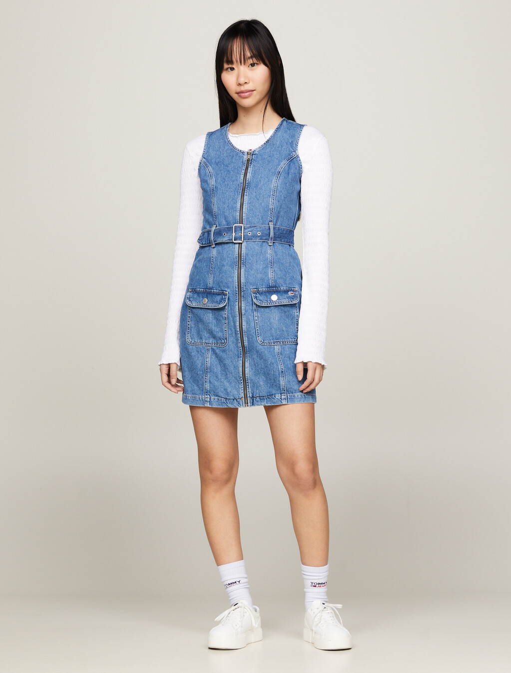 Belted Zip-Thru Denim Bodycon Dress, Denim Medium, hi-res