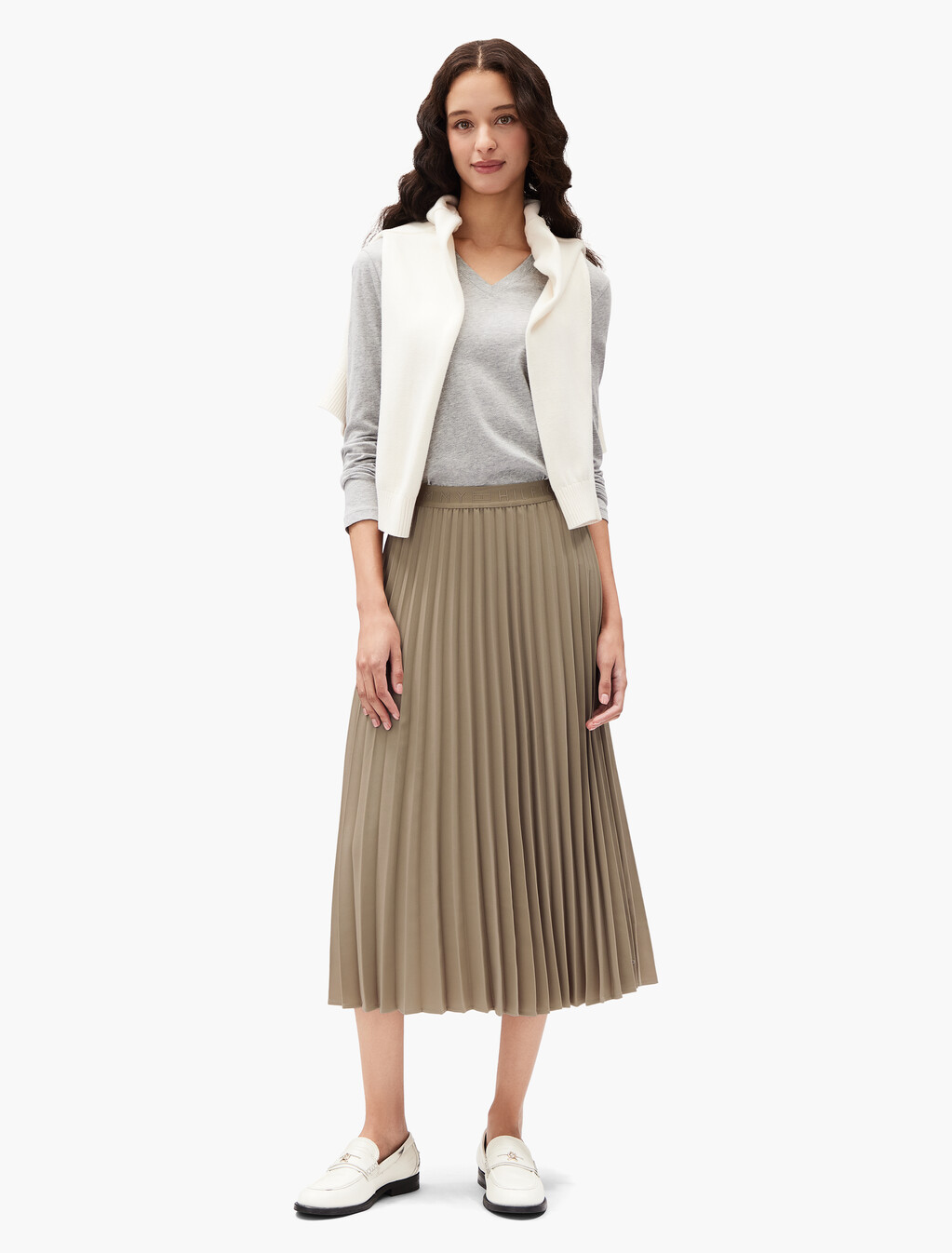 Twill Midi Pleated Skirt, Beige, hi-res