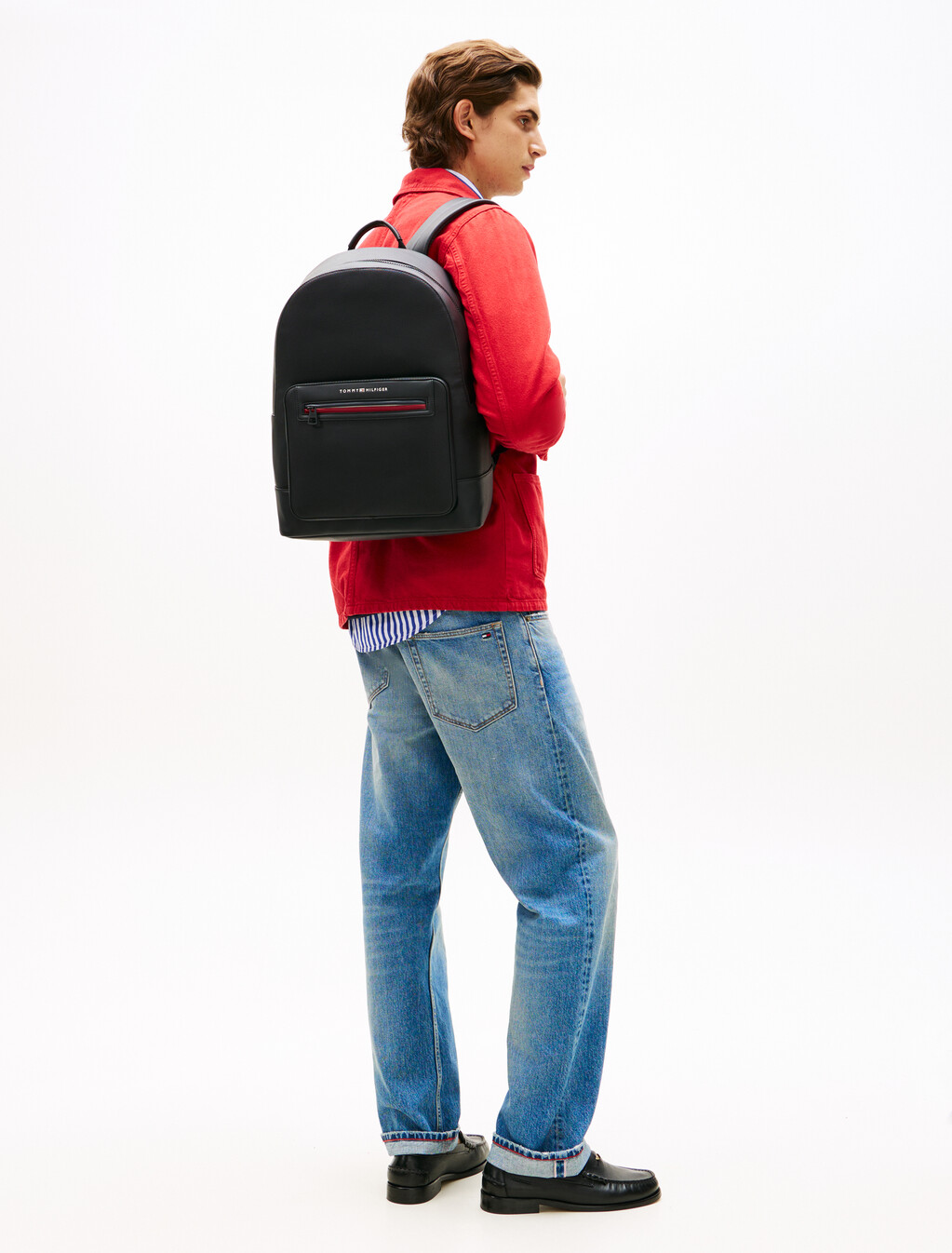 Metal Logo Textured Dome Backpack, Black, hi-res