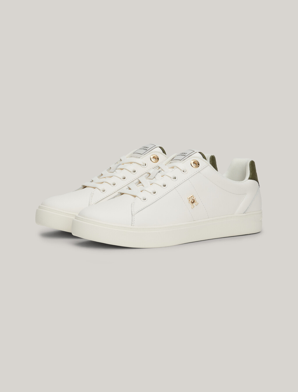Essential TH Monogram Plaque Leather Trainers, Ancient White, hi-res