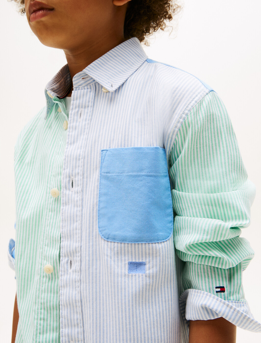 Boys Stripe Color Block Oxford Shirt, Cloudy Blue Colourblock, hi-res
