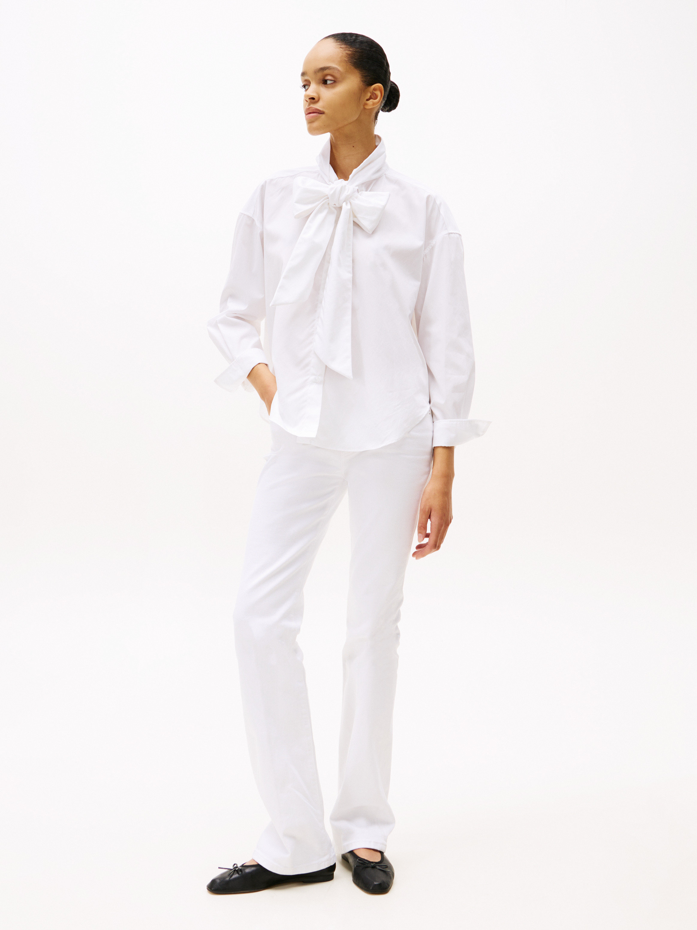 Relaxed Fit Bow Collar Shirt, Th Optic White, hi-res