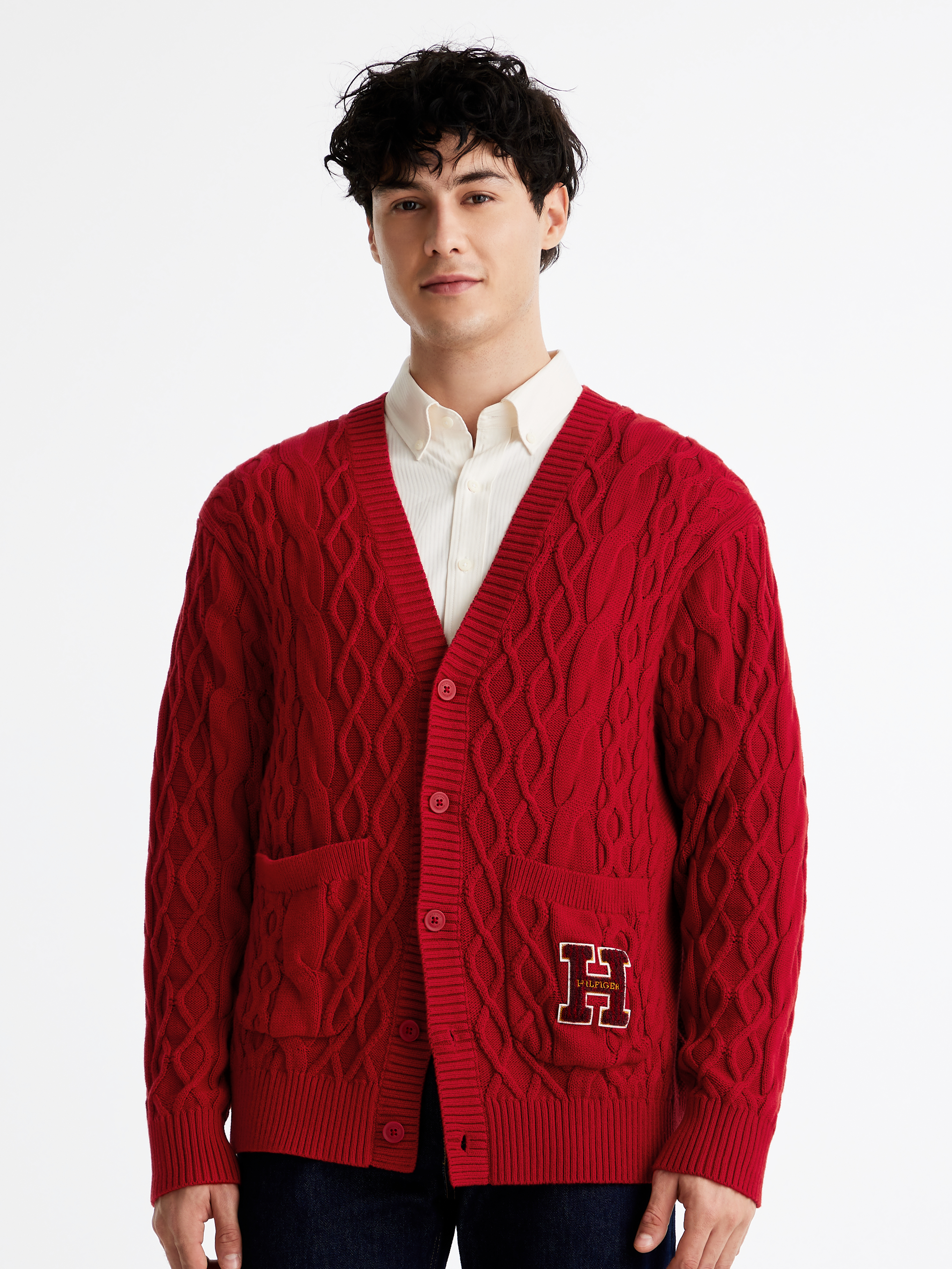 Cable Knit Letterman Applique Cardigan | red | Tommy Hilfiger Malaysia